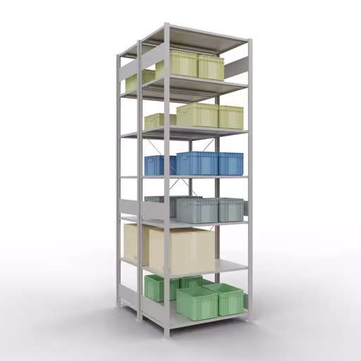 Grundregal, Doppelregal, Fachbodenregal Stecksystem MULTIplus150, 3000 x 1000 x (2x1200) mm (HxBxT), 2x7 Fachböden, Kreuzstrebe, RAL 7035 lichtgrau von Schulte Lagertechnik mit der Artikelnr. 32762