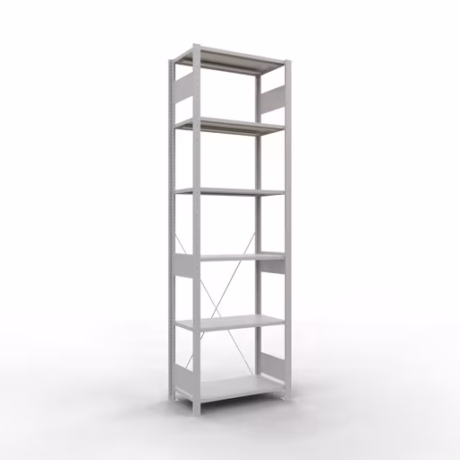 Grundregal, Fachbodenregal Stecksystem MULTIplus150, 2500 x 750 x 400 mm (HxBxT), 6 Fachböden, Kreuzstrebe, RAL 7035 lichtgrau aus der Kategorie Grundregal mit der Artikelnummer 32641-75