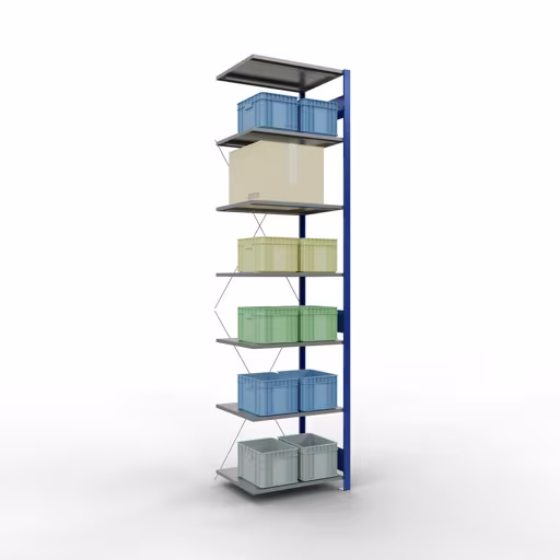Produktbild Nr.12 des Artikels Anbauregal, Fachbodenregal Stecksystem MULTIplus150, 3000 x 750 x 600 mm (HxBxT), 7 Fachböden, Kreuzstrebe, RAL 5010 enzianblau/verzinkt/verzinkt aus der Produktreihe Stecksystem von der Marke Schulte Lagertechnik