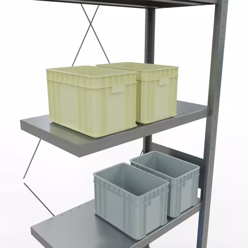 Zusatzbild des Artikels Anbauregal, Fachbodenregal Stecksystem MULTIplus250, 3000 x 750 x 400 mm (HxBxT), 7 Fachböden, Kreuzstrebe, verzinkt aus Anbauregal