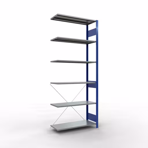 Anbauregal, Fachbodenregal Stecksystem MULTIplus85, 2500 x 1000 x 400 mm (HxBxT), 6 Fachböden, Kreuzstrebe, RAL 5010 enzianblau aus der Kategorie Anbauregal mit der Artikelnummer 13146-B