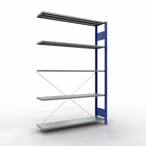 Anbauregal, Fachbodenregal Stecksystem MULTIplus150, 2000 x 1300 x 300 mm (HxBxT), 5 Fachböden, Kreuzstrebe, RAL 5010 enzianblau/verzinkt aus der Kategorie Anbauregal mit der Artikelnummer 12735-130-B