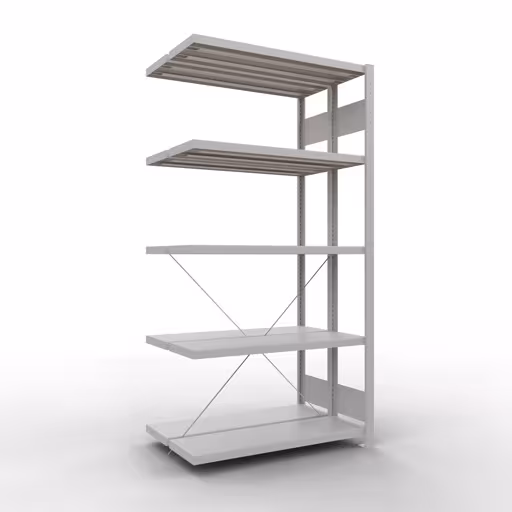 Anbauregal, Doppelregal, Fachbodenregal Stecksystem MULTIplus250, 2000 x 1000 x (2x300) mm (HxBxT), 2x5 Fachböden, Kreuzstrebe, RAL 7035 lichtgrau aus der Kategorie Doppelregale mit der Artikelnummer 32135-A