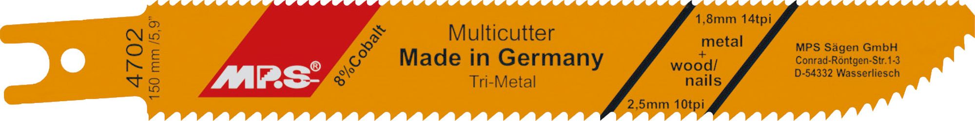 MPS Tri-Metall-Säbelsägeblatt Gesamtlänge 150/verzahnte Länge 130 mm Zahnteilung 2,5mm / 1,8mm / 2,5mm von der Marke MPS MPS Tri-Metall-Säbelsägeblatt Holz nagelfest aus der Kategorie Säbelsägeblatt mit der Artikelnummer 4702-2, Papier, Text, Gerät