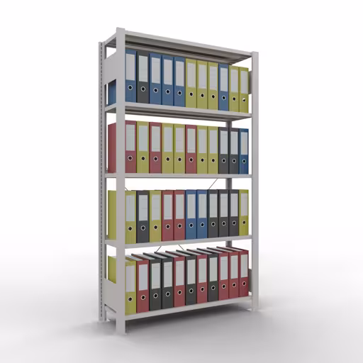 Grundregal, Büro-Fachbodenregal Stecksystem MULTIplus85, 1800 x 1000 x 300 mm (HxBxT), 5 Fachböden, Kreuzstrebe, mit Anschlagleiste, lichtgrau von Schulte Lagertechnik mit der Artikelnr. 36001