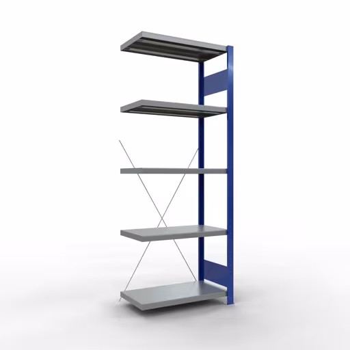 Anbauregal, Fachbodenregal Stecksystem MULTIplus250, 2000 x 750 x 400 mm (HxBxT), 5 Fachböden, Kreuzstrebe, RAL 5010 enzianblau/verzinkt/verzinkt aus der Kategorie Anbauregal mit der Artikelnummer 12945-75-B