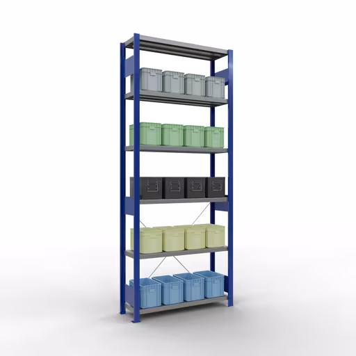 Grundregal, Fachbodenregal Stecksystem MULTIplus250, 2500 x 1000 x 300 mm (HxBxT), 6 Fachböden, Kreuzstrebe, RAL 5010 enzianblau/verzinkt von Schulte Lagertechnik mit der Artikelnr. 12931-B