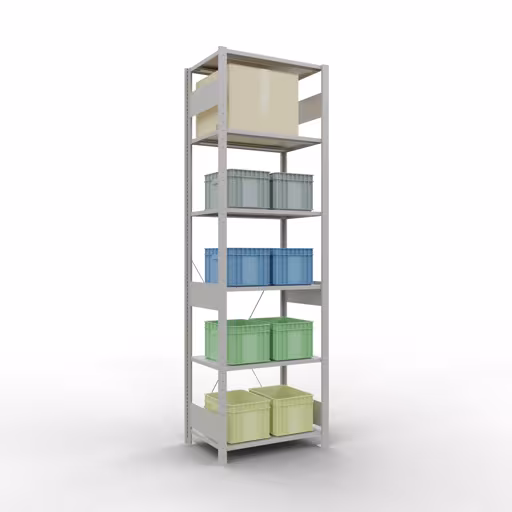 Andere Ansicht des Artikels Grundregal, Fachbodenregal Stecksystem MULTIplus150, 2500 x 750 x 500 mm (HxBxT), 6 Fachböden, Kreuzstrebe, RAL 7035 lichtgrau aus der Kategorie Stecksystem
