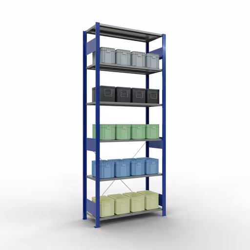 Grundregal, Fachbodenregal Stecksystem MULTIplus150, 2500 x 1000 x 400 mm (HxBxT), 6 Fachböden, Kreuzstrebe, RAL 5010/verzinkt mit der GTIN 4004514208835 Grundregal, Fachbodenregal Stecksystem MULTIplus150, 2500 x 1000 x 400 mm (HxBxT), 6 Fachböden, Kreuzstrebe, RAL 5010/verzinkt von Schulte Lagertechnik mit der Artikelnr. 12641-B