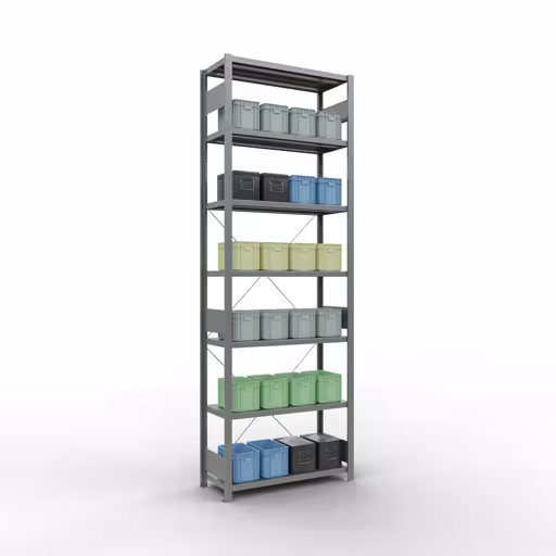 Produktbild Nr 12 des Artikels Grundregal, Fachbodenregal Stecksystem MULTIplus330, 3000 x 1000 x 400 mm (HxBxT), 7 Fachböden, Kreuzstrebe, verzinkt Abbildung Nr 12 des Artikels Grundregal, Fachbodenregal Stecksystem MULTIplus330, 3000 x 1000 x 400 mm (HxBxT), 7 Fachböden, Kreuzstrebe, verzinkt aus der Produktgruppe Stecksystem von der Marke Schulte Lagertechnik