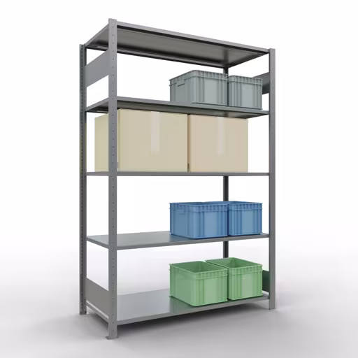 Andere Ansicht des Artikels Grundregal, Fachbodenregal Stecksystem MULTIplus150, 2000 x 1300 x 600 mm (HxBxT), 5 Fachböden, Längenriegel, verzinkt aus der Kategorie Grundregal