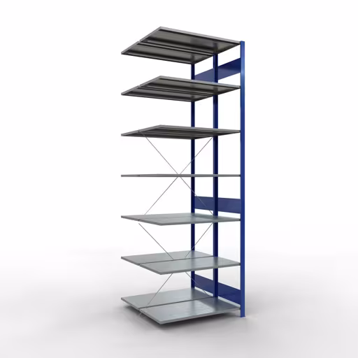 Anbauregal, Doppelregal, Fachbodenregal Stecksystem MULTIplus150, 3000 x 1000 x (2x1000) mm (HxBxT), 2x7 Fachböden, Kreuzstrebe, RAL 5010 enzianblau aus der Kategorie Doppelregale mit der Artikelnummer 32757-B