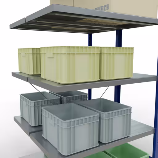 Abbildung Nr 15 des Artikels Anbauregal, Doppelregal, Fachbodenregal Stecksystem MULTIplus250, 2000 x 1000 x (2x500) mm (HxBxT), 2x5 Fachböden, Kreuzstrebe, RAL 5010 enzianblau aus der Produktgruppe Fachbodenregale von der Marke Schulte Lagertechnik