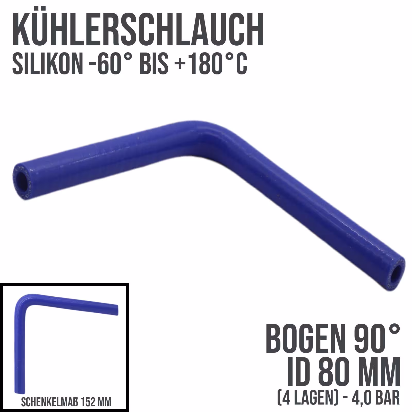 80 x 90 mm Kühlerschlauch Silikon Bogen 90° LLK Ladeluft Kühlmittel Schlauch universal blau (4,0 bar) - 152mm aus der Kategorie Kühlwasserschläuche mit der Artikelnummer KSB080-090-152GA