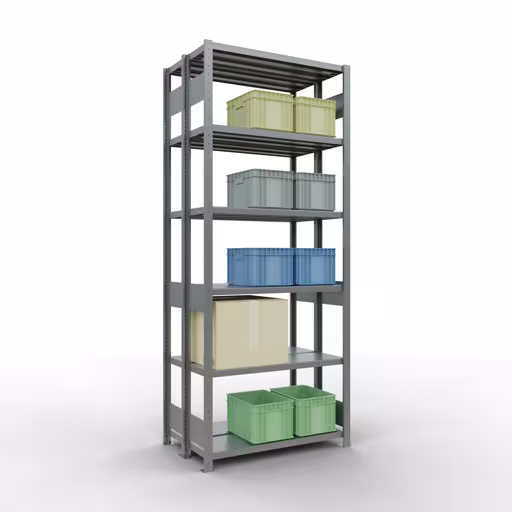 Grundregal, Doppelregal, Fachbodenregal Stecksystem MULTIplus250, 2500 x 1000 x (2x300) mm (HxBxT), 2x6 Fachböden, Längenriegel, verzinkt mit der Artikelnr. 17931 Grundregal, Doppelregal, Fachbodenregal Stecksystem MULTIplus250, 2500 x 1000 x (2x300) mm (HxBxT), 2x6 Fachböden, Längenriegel, verzinkt von Schulte Lagertechnik aus der Kategorie Fachbodenregale