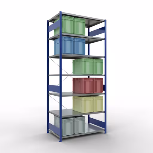 Abbildung Nr 15 des Artikels Grundregal, Fachbodenregal Stecksystem MULTIplus250, 3000 x 1300 x 800 mm (HxBxT), 7 Fachböden, Kreuzstrebe, RAL 5010 enzianblau/verzinkt aus der Produktgruppe Stecksystem von der Marke Schulte Lagertechnik