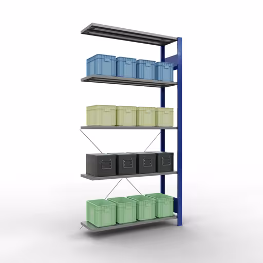 Andere Ansicht des Artikels Anbauregal, Fachbodenregal Stecksystem MULTIplus150, 2000 x 1000 x 300 mm (HxBxT), 5 Fachböden, Kreuzstrebe, RAL 5010/verzinkt aus der Kategorie Stecksystem