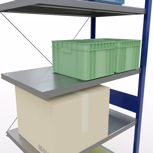 Zusatzbild des Artikels Anbauregal, Fachbodenregal Stecksystem MULTIplus250, 3000 x 1000 x 600 mm (HxBxT), 7 Fachböden, Kreuzstrebe, RAL 5010 enzianblau/verzinkt aus Anbauregal