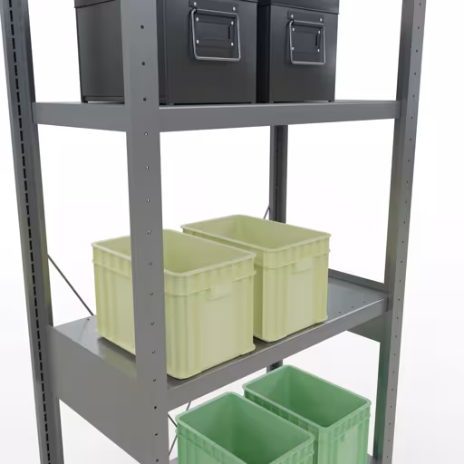 Weitere Ansicht des Artikels Grundregal, Fachbodenregal Stecksystem MULTIplus250, 2500 x 750 x 400 mm (HxBxT), 6 Fachböden, Kreuzstrebe, verzinkt aus der Kategorie Stecksystem