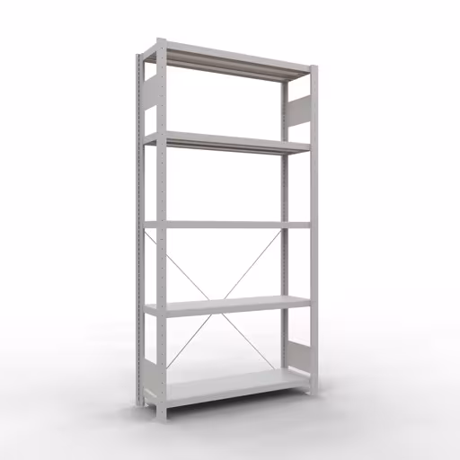 Grundregal, Fachbodenregal Stecksystem MULTIplus330, 2000 x 1000 x 300 mm (HxBxT), 5 Fachböden, Kreuzstrebe, RAL 7035 lichtgrau aus der Kategorie Grundregal mit der Artikelnummer 33830