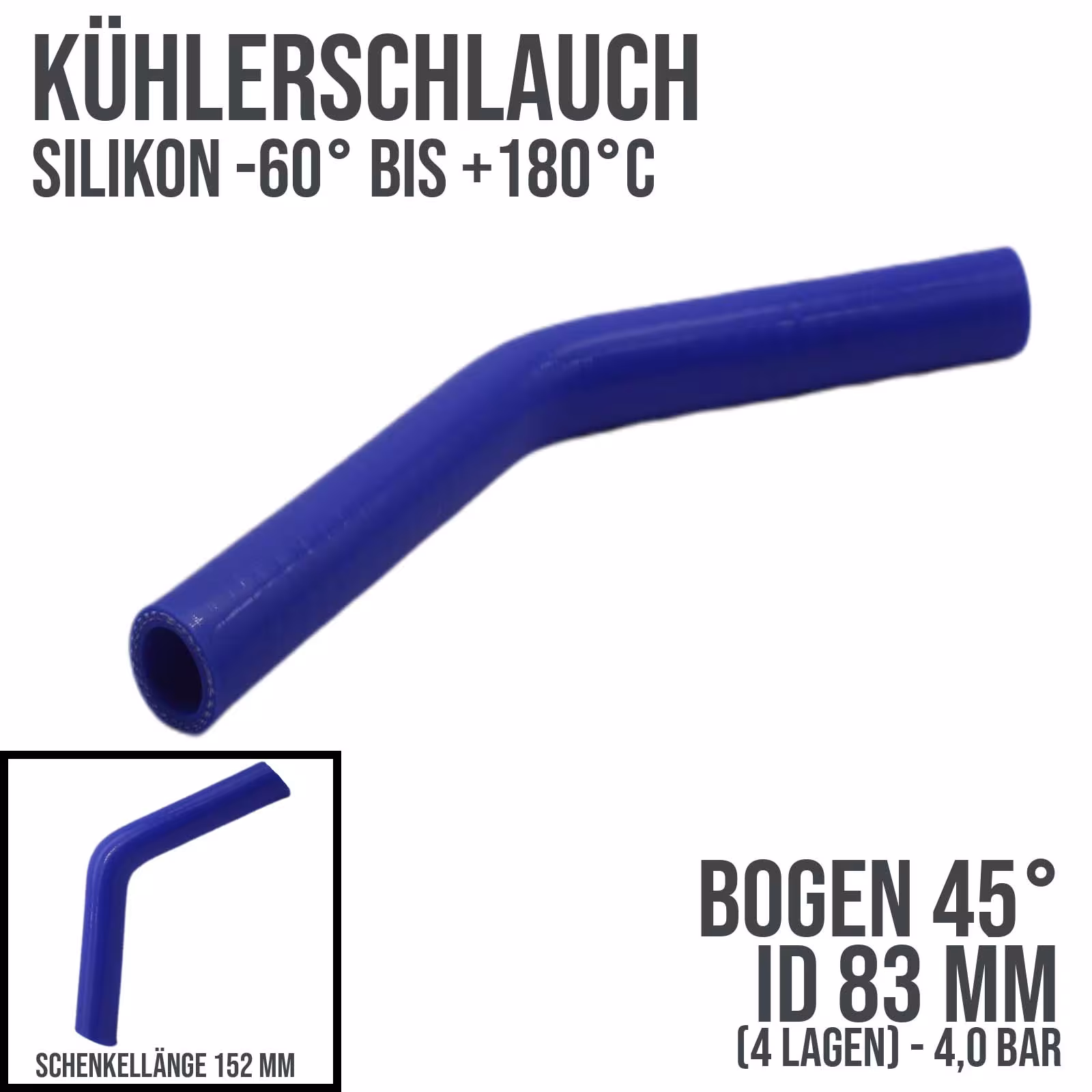 83 x 93 mm Kühlerschlauch Silikon Bogen 45° LLK Ladeluft Kühlmittel Schlauch blau (4,0 bar) - 152 mm aus der Kategorie Kühlwasserschläuche mit der Artikelnummer KSB083-045-152GA