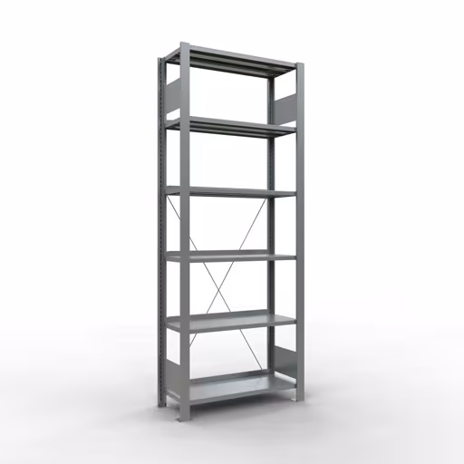 Grundregal, Büro-Fachbodenregal Stecksystem MULTIplus85, 2000 x 750 x 300 mm (HxBxT), 6 Fachböden, Kreuzstrebe, verzinkt, mit Anschlagleiste von der Marke Schulte Lagertechnik Grundregal, Büro-Fachbodenregal Stecksystem MULTIplus85, 2000 x 750 x 300 mm (HxBxT), 6 Fachböden, Kreuzstrebe, verzinkt, mit Anschlagleiste aus der Kategorie Stecksystem mit der Artikelnummer 17706