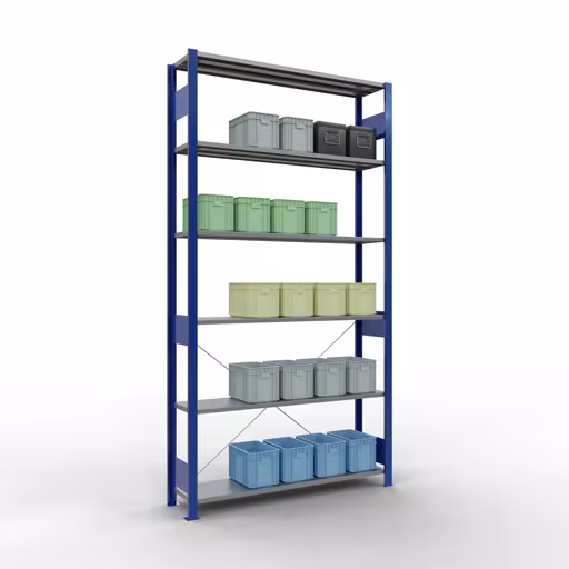 Zusatzbild des Artikels Grundregal, Fachbodenregal Stecksystem MULTIplus150, 2500 x 1300 x 300 mm (HxBxT), 6 Fachböden, Kreuzstrebe, RAL 5010 enzianblau/verzinkt aus Grundregal