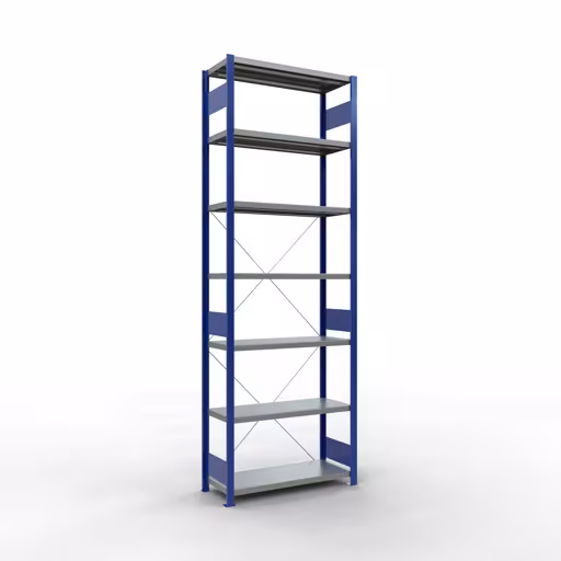 Grundregal, Fachbodenregal Stecksystem MULTIplus330, 3000 x 1000 x 400 mm (HxBxT), 7 Fachböden, Kreuzstrebe, RAL 5010 enzianblau/verzinkt aus der Kategorie Grundregal mit der Artikelnummer 13942-B