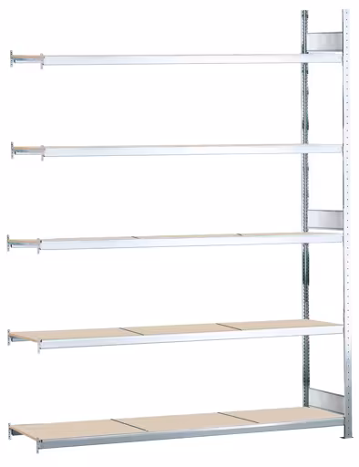 Anbauregal, Weitspannregal WS 2000 mit Spanplatten, 3000 x 2500 x 600 mm (HxBxT), verzinkt, 5 Ebenen, Fachlast 400 kg, Feldlast 2.000 kg aus der Kategorie WS2000 für Fachlasten bis 400kg mit der Artikelnummer 15785