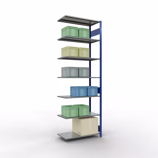 Anbauregal, Fachbodenregal Stecksystem MULTIplus85, 3000 x 1000 x 500 mm (HxBxT), 7 Fachböden, Längenriegel, RAL 5010 enzianblau von Schulte Lagertechnik mit der Artikelnr. 13157-LR-B