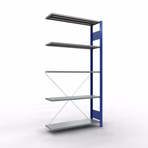 Anbauregal, Fachbodenregal Stecksystem MULTIplus85, 2000 x 1000 x 300 mm (HxBxT), 5 Fachböden, Kreuzstrebe, RAL 5010 enzianblau aus der Kategorie Anbauregal mit der Artikelnummer 13135-B