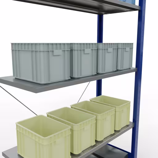 Produktbild Nr.14 des Artikels Anbauregal, Fachbodenregal Stecksystem MULTIplus150, 2000 x 1000 x 400 mm (HxBxT), 5 Fachböden, Kreuzstrebe, RAL 5010/verzinkt aus der Produktreihe Stecksystem von der Marke Schulte Lagertechnik