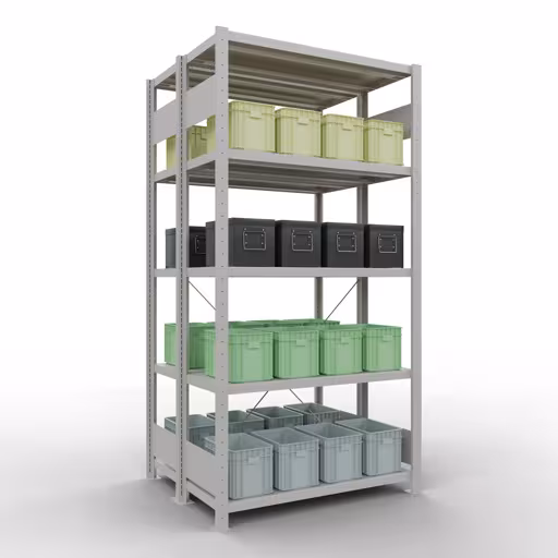 Grundregal, Doppelregal, Fachbodenregal Stecksystem MULTIplus250, 2000 x 1000 x (2x400) mm (HxBxT), 2x5 Fachböden, Kreuzstrebe, RAL 7035 lichtgrau von Schulte Lagertechnik aus der Kategorie Fachbodenregale