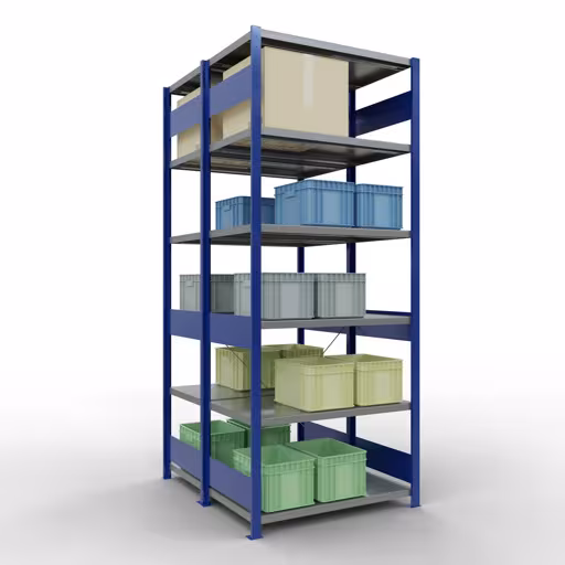 Abbildung Nr 13 des Artikels Grundregal, Doppelregal, Fachbodenregal Stecksystem MULTIplus250, 2500 x 1000 x (2x600) mm (HxBxT), 2x6 Fachböden, Kreuzstrebe, RAL 5010 enzianblau aus der Produktgruppe Fachbodenregale von der Marke Schulte Lagertechnik