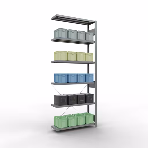 Produktbild Nr.15 des Artikels Anbauregal, Fachbodenregal Stecksystem MULTIplus250, 2500 x 1000 x 300 mm (HxBxT), 6 Fachböden, Kreuzstrebe, verzinkt aus der Produktreihe Stecksystem von der Marke Schulte Lagertechnik