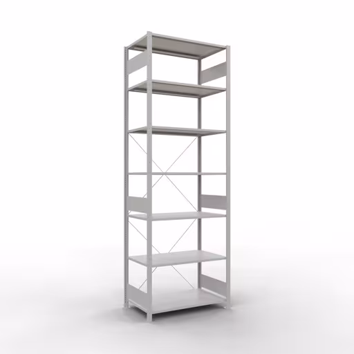 Grundregal, Fachbodenregal Stecksystem MULTIplus85, 3000 x 1000 x 600 mm (HxBxT), 7 Fachböden, Kreuzstrebe, RAL 7035 lichtgrau aus der Kategorie Grundregal mit der Artikelnummer 33062