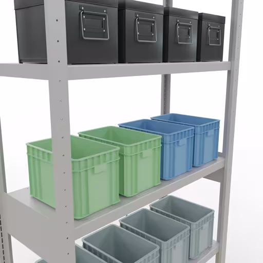 Produktbild Nr 15 des Artikels Grundregal, Fachbodenregal Stecksystem MULTIplus330, 2500 x 1000 x 400 mm (HxBxT), 6 Fachböden, Kreuzstrebe, RAL 7035 lichtgrau Abbildung Nr 15 des Artikels Grundregal, Fachbodenregal Stecksystem MULTIplus330, 2500 x 1000 x 400 mm (HxBxT), 6 Fachböden, Kreuzstrebe, RAL 7035 lichtgrau aus der Produktgruppe Stecksystem von der Marke Schulte Lagertechnik