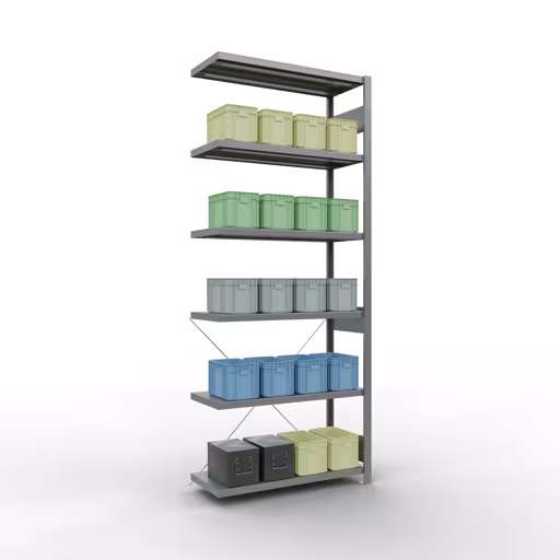 Produktbild Nr.15 des Artikels Anbauregal, Fachbodenregal Stecksystem MULTIplus250, 2500 x 1000 x 400 mm (HxBxT), 6 Fachböden, Kreuzstrebe, verzinkt aus der Produktreihe Stecksystem von der Marke Schulte Lagertechnik