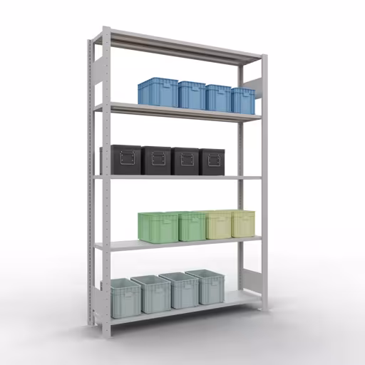 Grundregal, Fachbodenregal Stecksystem MULTIplus150, 2000 x 1300 x 300 mm (HxBxT), 5 Fachböden, Längenriegel, RAL 7035 lichtgrau von Schulte Lagertechnik mit der Artikelnr. 32630-130-LR