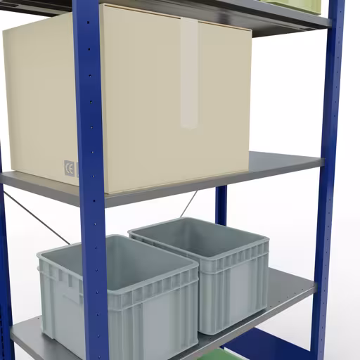 Grundregal, Fachbodenregal Stecksystem MULTIplus150, 2000 x 1000 x 500 mm (HxBxT), 5 Fachböden, Kreuzstrebe, RAL 5010/verzinkt mit der GTIN 4004514208767 Grundregal, Fachbodenregal Stecksystem MULTIplus150, 2000 x 1000 x 500 mm (HxBxT), 5 Fachböden, Kreuzstrebe, RAL 5010/verzinkt von Schulte Lagertechnik mit der Artikelnr. 12650-B