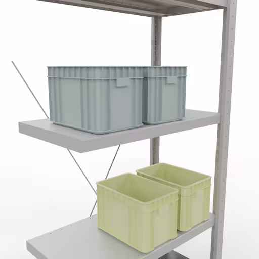 Weitere Ansicht des Artikels Anbauregal, Fachbodenregal Stecksystem MULTIplus250, 2000 x 750 x 400 mm (HxBxT), 5 Fachböden, Kreuzstrebe, RAL 7035 lichtgrau aus der Kategorie Stecksystem