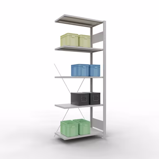 Produktbild Nr.6 des Artikels Anbauregal, Fachbodenregal Stecksystem MULTIplus150, 2000 x 750 x 400 mm (HxBxT), 5 Fachböden, Kreuzstrebe, RAL 7035 lichtgrau aus der Produktreihe Stecksystem von der Marke Schulte Lagertechnik