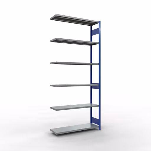 Anbauregal, Fachbodenregal Stecksystem MULTIplus250, 3000 x 1300 x 400 mm (HxBxT), 7 Fachböden, Längenriegel, RAL 5010 enzianblau/verzinkt aus der Kategorie Anbauregal mit der Artikelnummer 12947-130-LR-B