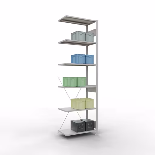 Produktbild Nr.14 des Artikels Anbauregal, Fachbodenregal Stecksystem MULTIplus150, 2500 x 750 x 400 mm (HxBxT), 6 Fachböden, Kreuzstrebe, RAL 7035 lichtgrau aus der Produktreihe Stecksystem von der Marke Schulte Lagertechnik