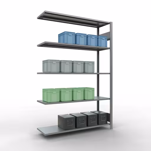 Anbauregal, Fachbodenregal Stecksystem MULTIplus150, 2000 x 1300 x 400 mm (HxBxT), 5 Fachböden, Längenriegel, verzinkt mit der Artikelnr. 12745-130-LR Anbauregal, Fachbodenregal Stecksystem MULTIplus150, 2000 x 1300 x 400 mm (HxBxT), 5 Fachböden, Längenriegel, verzinkt von Schulte Lagertechnik aus der Kategorie Stecksystem