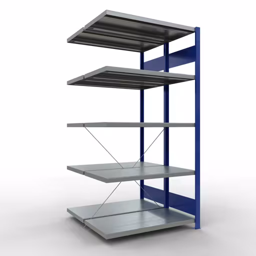 Anbauregal, Doppelregal, Fachbodenregal Stecksystem MULTIplus250, 2000 x 1000 x (2x500) mm (HxBxT), 2x5 Fachböden, Kreuzstrebe, RAL 5010 enzianblau aus der Kategorie Doppelregale mit der Artikelnummer 32155-A-B