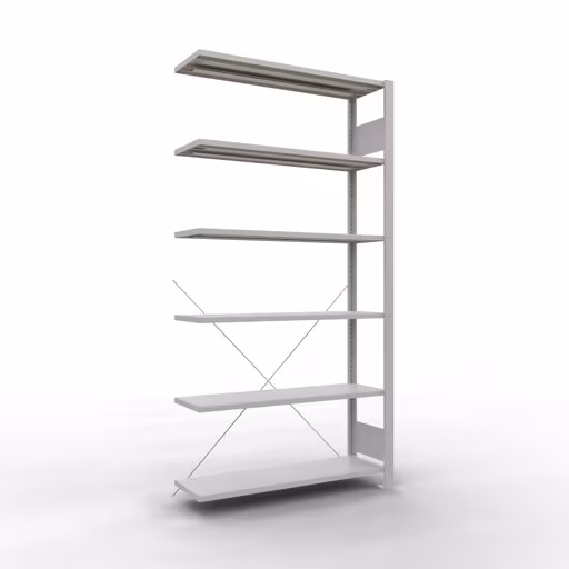 Anbauregal, Büro-Fachbodenregal Stecksystem MULTIplus85, 2000 x 1000 x 300 mm (HxBxT), 6 Fachböden, Kreuzstrebe, ohne Anschlagleiste, lichtgrau von der Marke Schulte Lagertechnik Anbauregal, Büro-Fachbodenregal Stecksystem MULTIplus85, 2000 x 1000 x 300 mm (HxBxT), 6 Fachböden, Kreuzstrebe, ohne Anschlagleiste, lichtgrau aus der Kategorie Stecksystem mit der Artikelnummer 36028