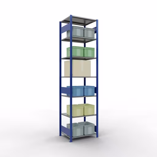 Grundregal, Fachbodenregal Stecksystem MULTIplus150, 3000 x 750 x 600 mm (HxBxT), 7 Fachböden, Längenriegel, RAL 5010 enzianblau/verzinkt/verzinkt von Schulte Lagertechnik mit der Artikelnr. 12762-75-LR-B