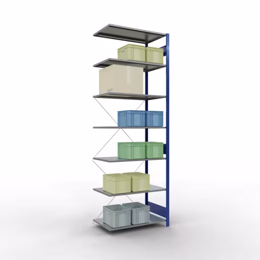 Zusatzbild des Artikels Anbauregal, Fachbodenregal Stecksystem MULTIplus150, 3000 x 1000 x 600 mm (HxBxT), 7 Fachböden, Kreuzstrebe, RAL 5010/verzinkt aus Anbauregal