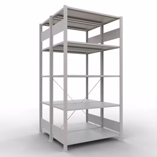 Grundregal, Doppelregal, Fachbodenregal Stecksystem MULTIplus150, 2000 x 1000 x (2x500) mm (HxBxT), 2x5 Fachböden, Kreuzstrebe, RAL 7035 lichtgrau aus der Kategorie Doppelregale mit der Artikelnummer 32750